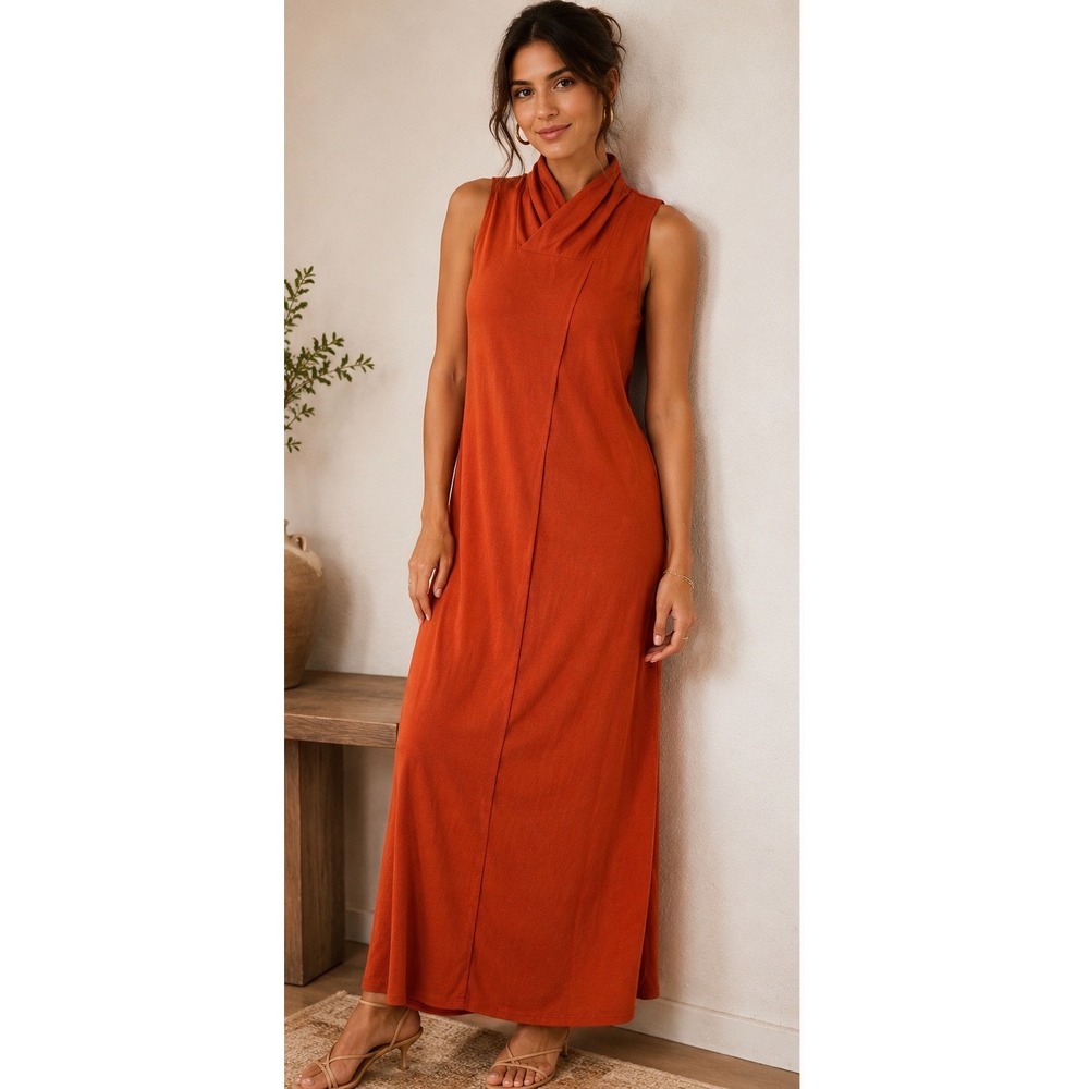 Garnet Hill Burnt Orange High Neck Sleeveless Maxi Dress SM Jersey Knit Elegant